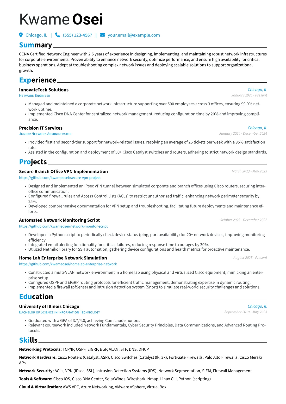 CCNA Certified Network Engineer resume example, Networking Protocols, page 1