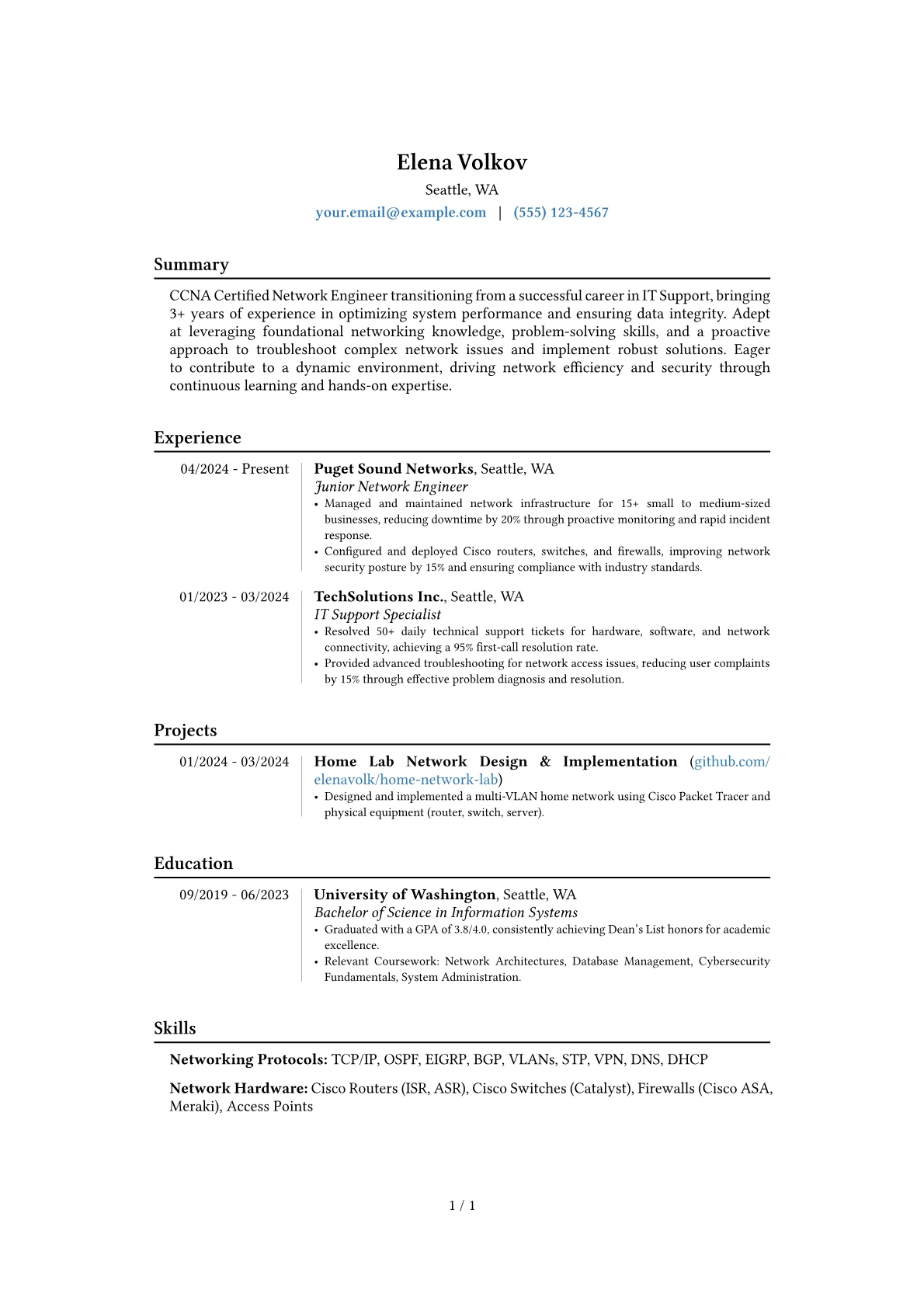 CCNA Certified Network Engineer resume example, Career changer, page 1