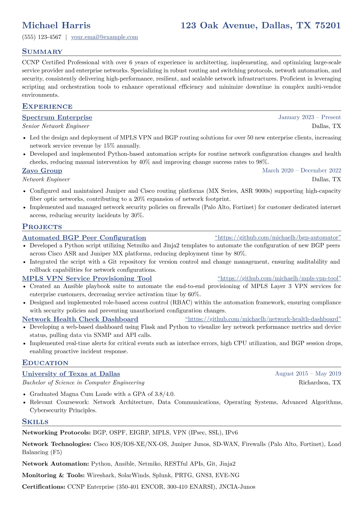 CCNP Certified Professional resume example, CCNP Service Provider, page 1