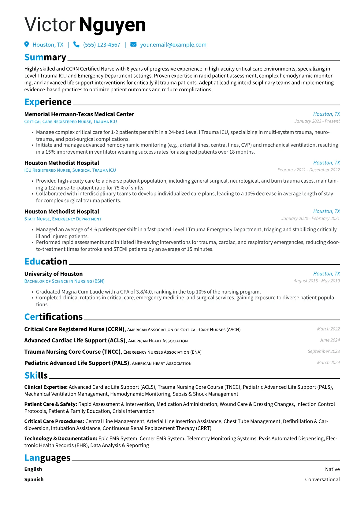 CCRN Certified Nurse resume example, Trauma ICU Registered, page 1
