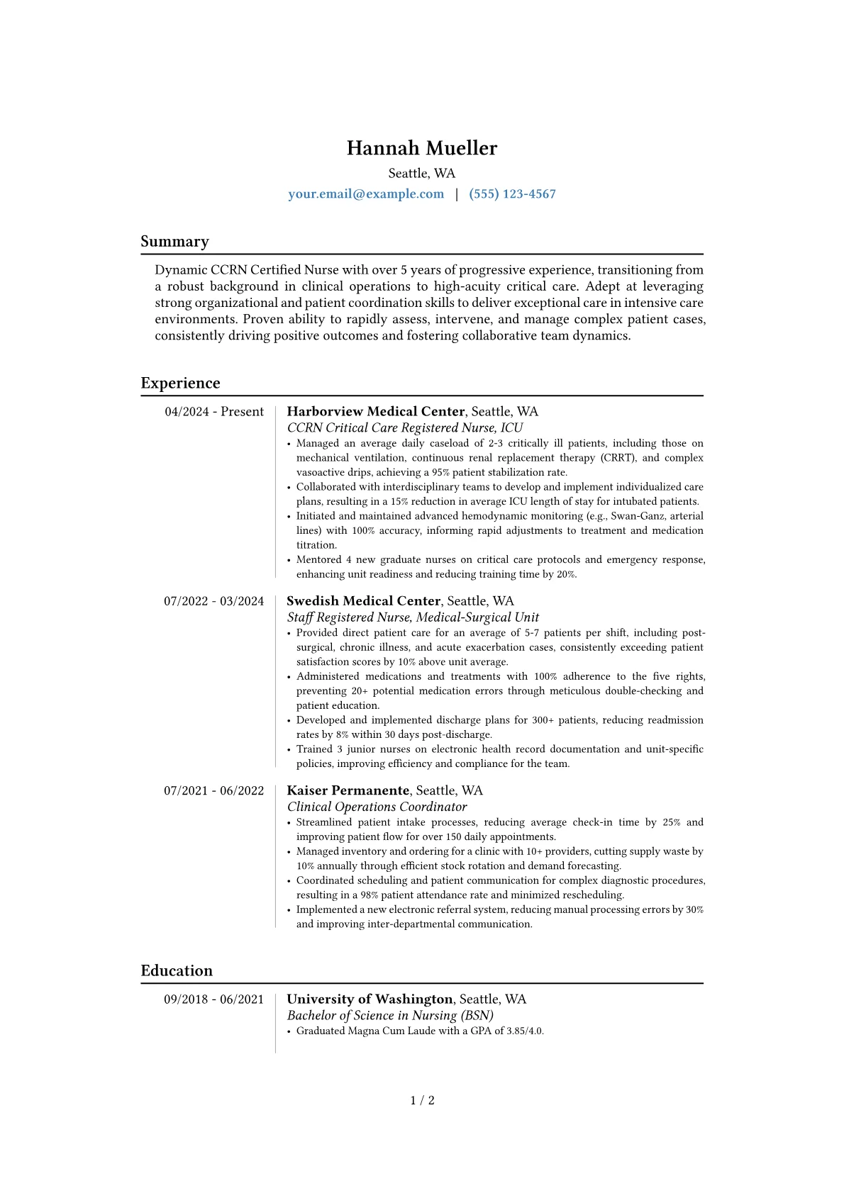 CCRN Certified Nurse resume example, Career changer, page 1