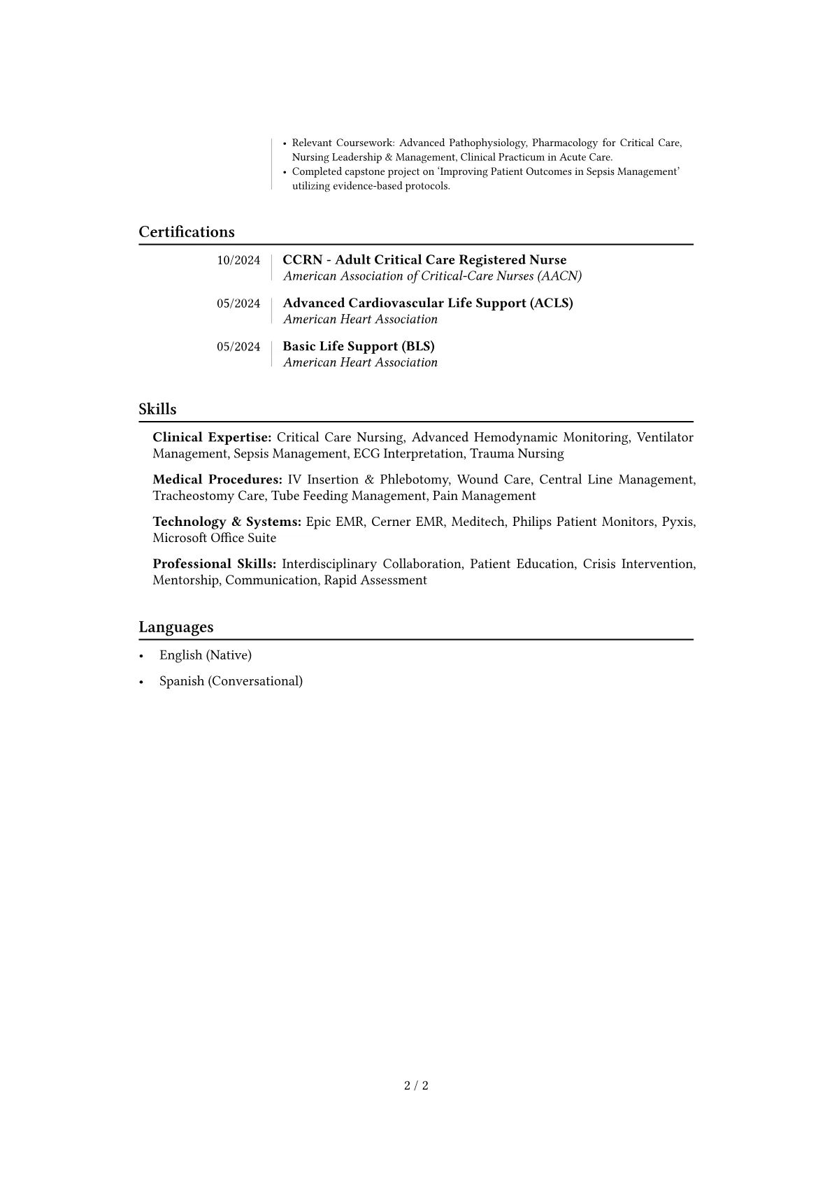 CCRN Certified Nurse resume example, Career changer, page 2