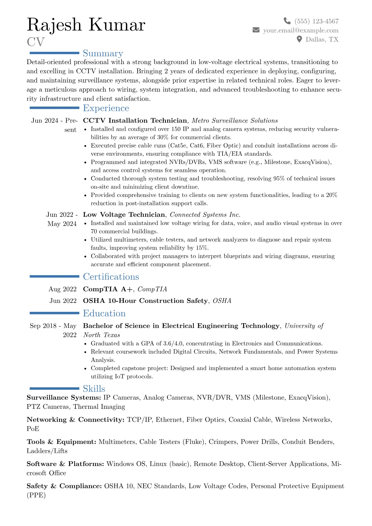 CCTV Installer resume example, Career changer, page 1