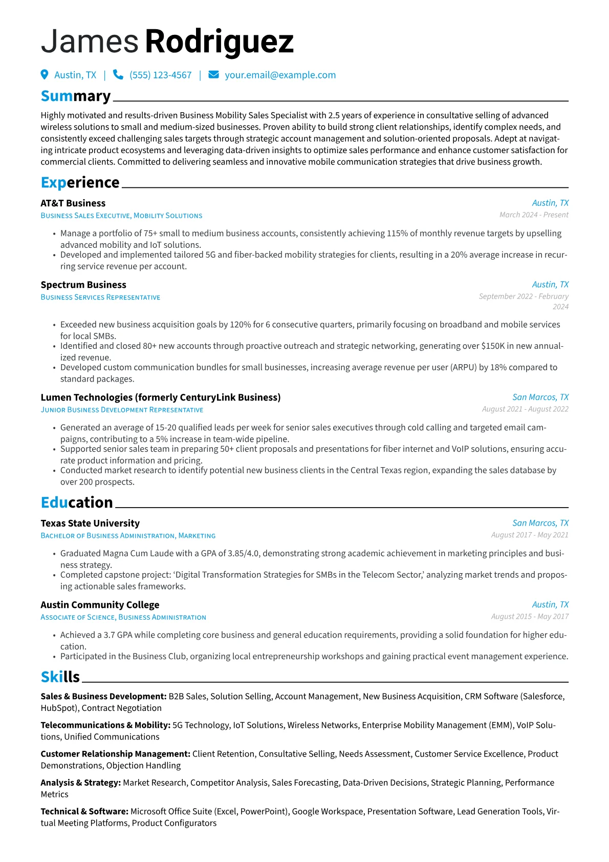 Cell Phone Sales Associate resume example, Business Mobility Sales, page 1