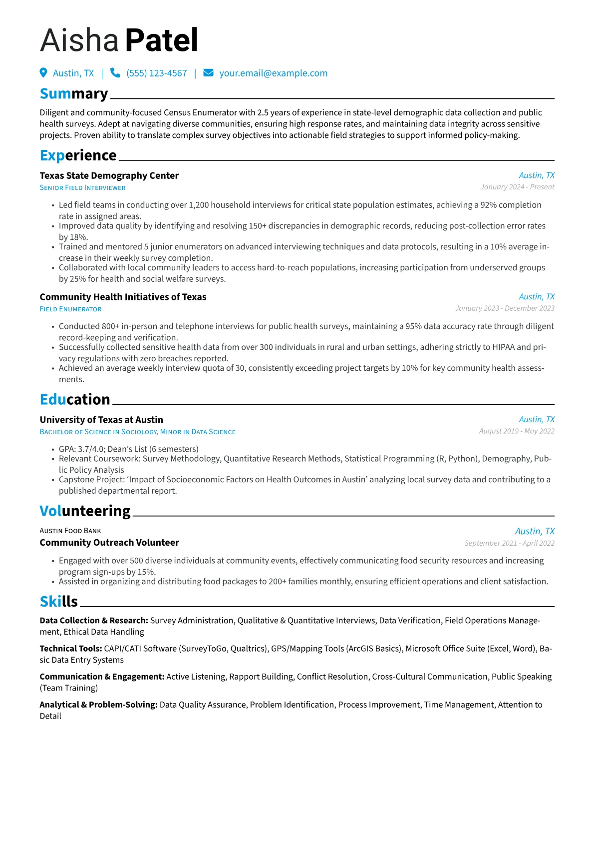 Census Enumerator resume example, Data Collection & Research, page 1