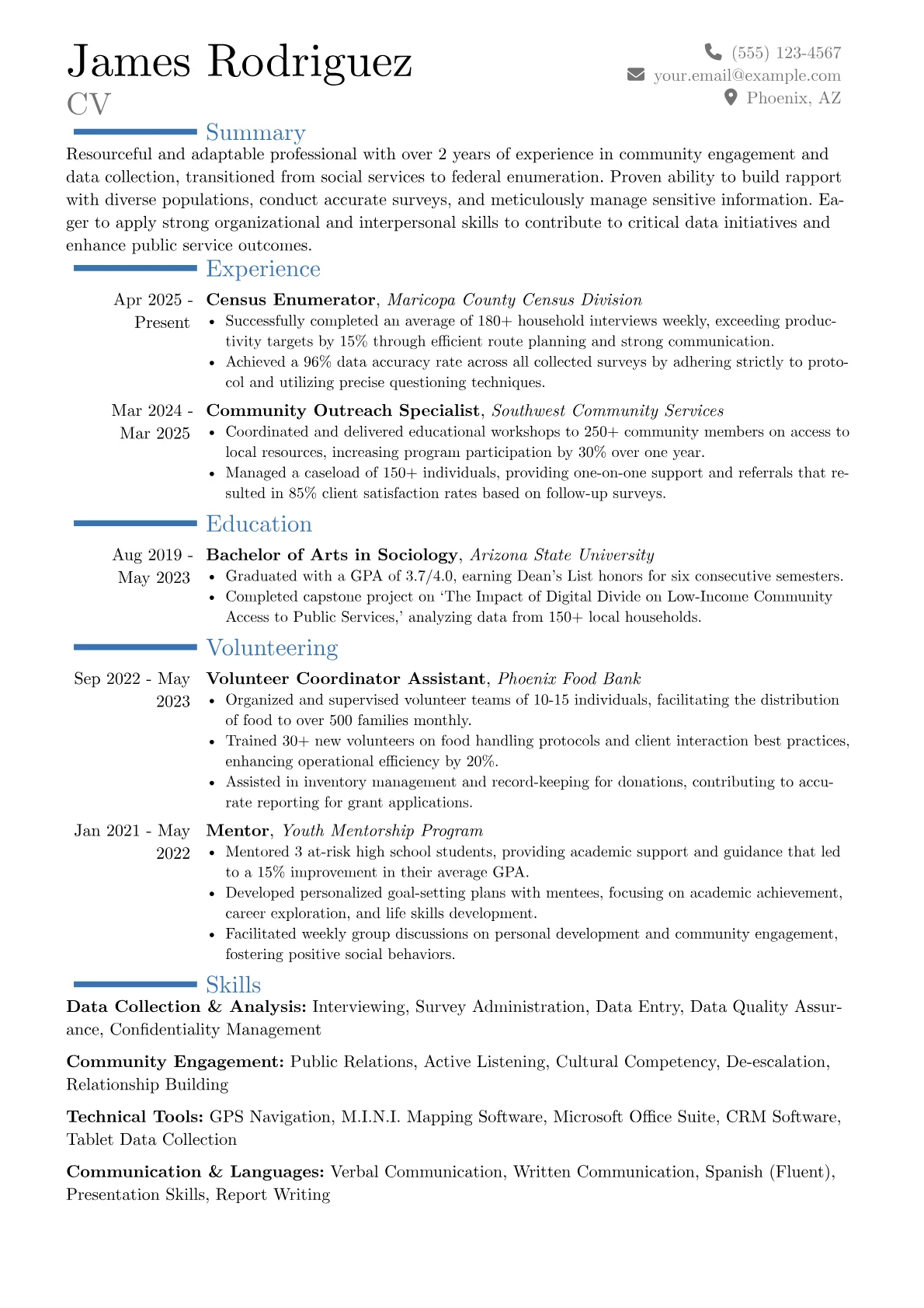 Census Enumerator resume example, Career changer, page 1
