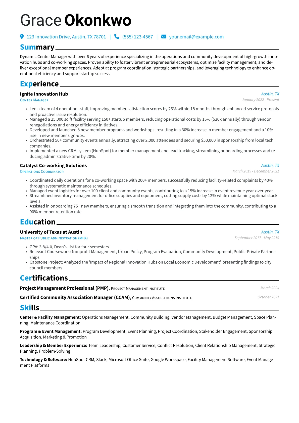 Center Manager resume example, Innovation Hub Specialist, page 1