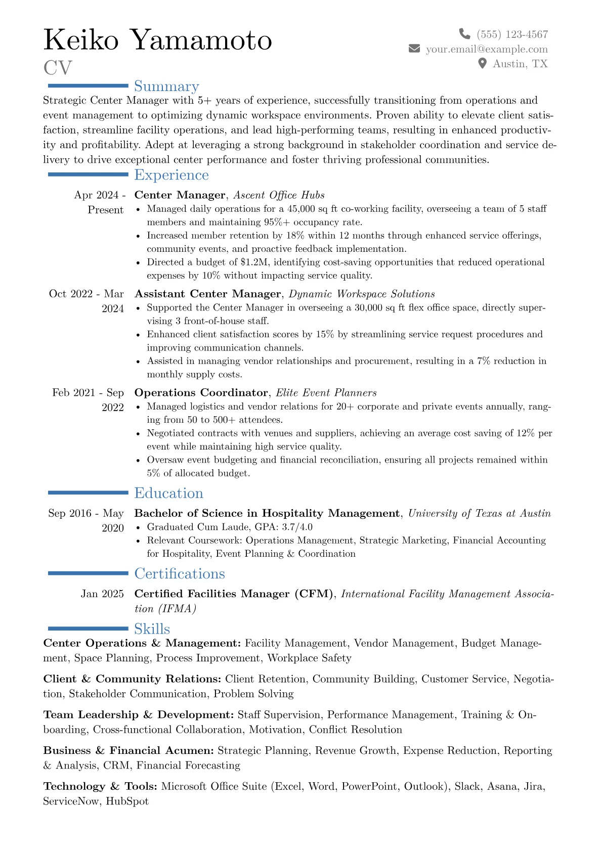 Center Manager resume example, Career changer, page 1