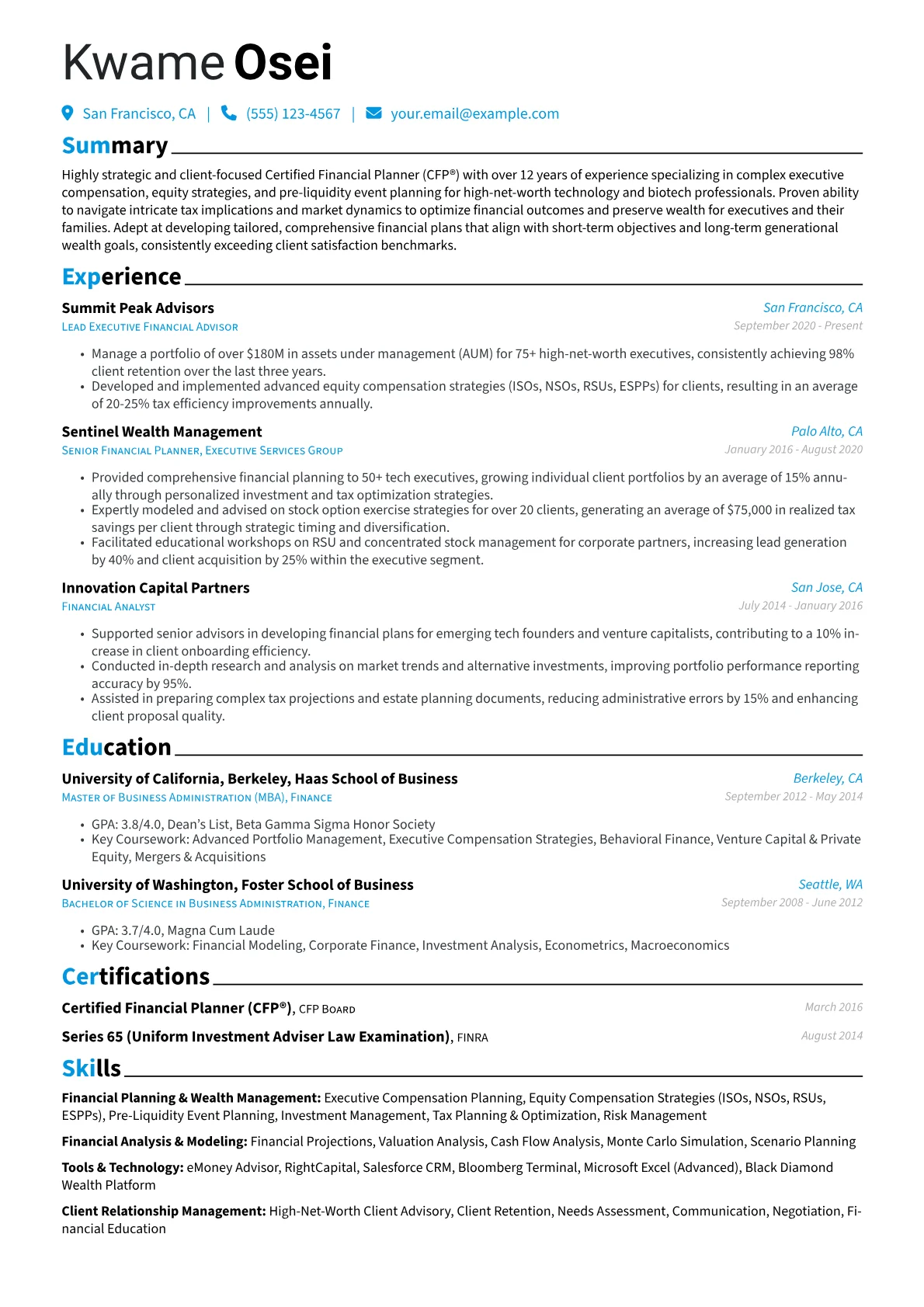Certified Financial Planner resume example, Executive & Equity, page 1