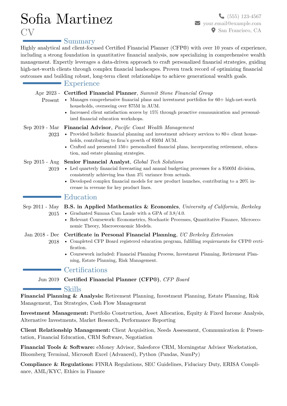 Certified Financial Planner resume example, Career changer, page 1