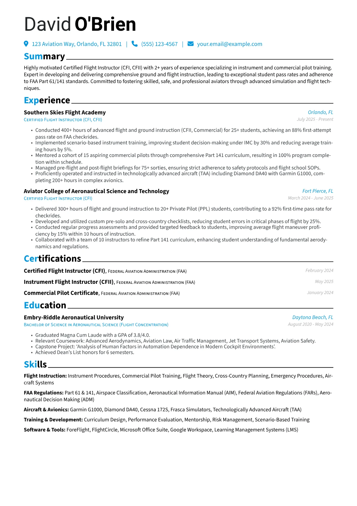 Certified Flight Instructor resume example, Flight Instruction, page 1