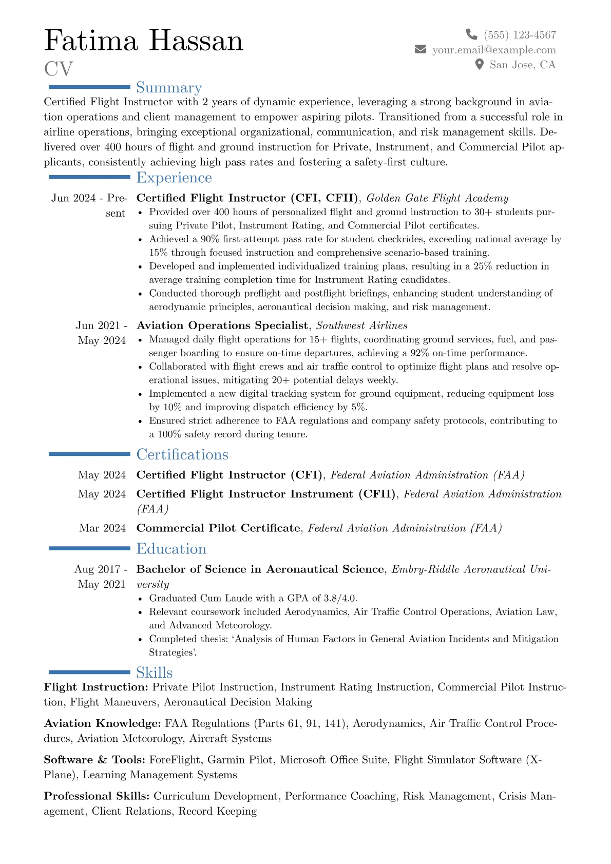 Certified Flight Instructor resume example, Career changer, page 1
