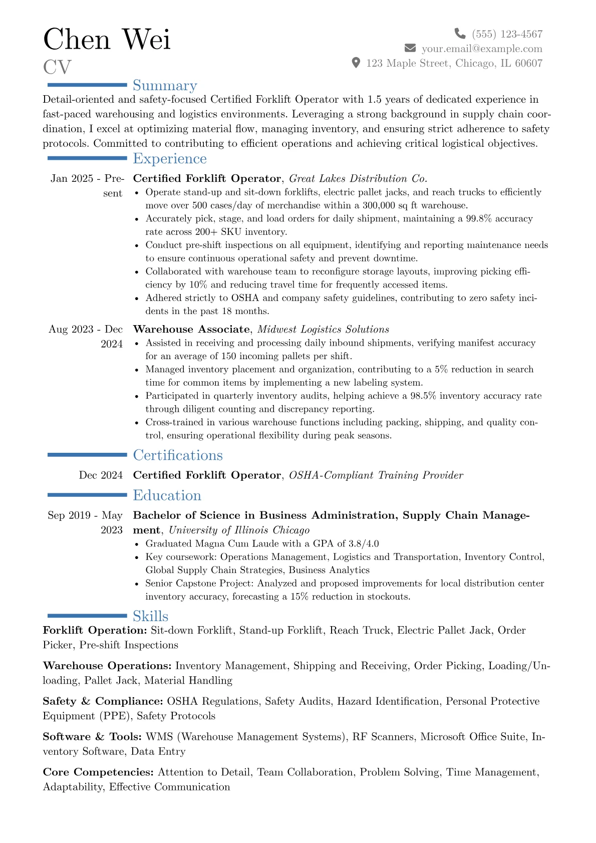 Certified Forklift Operator resume example, Career changer, page 1