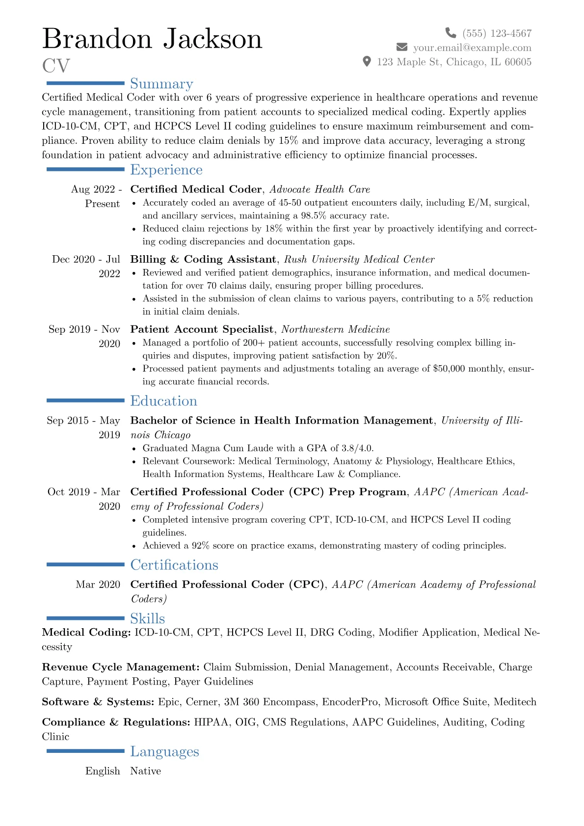 Certified Medical Coder resume example, Career changer, page 1