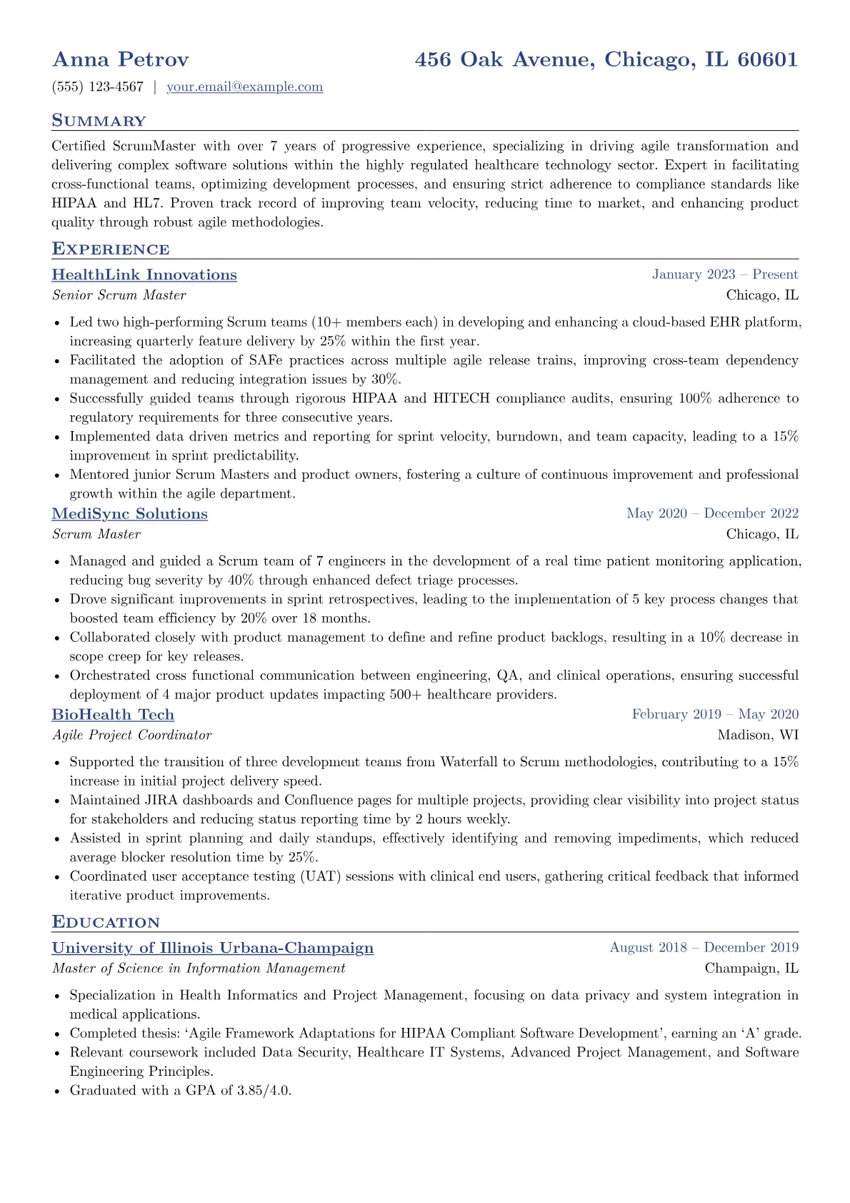 Certified ScrumMaster resume example, Healthcare Tech Focus, page 1