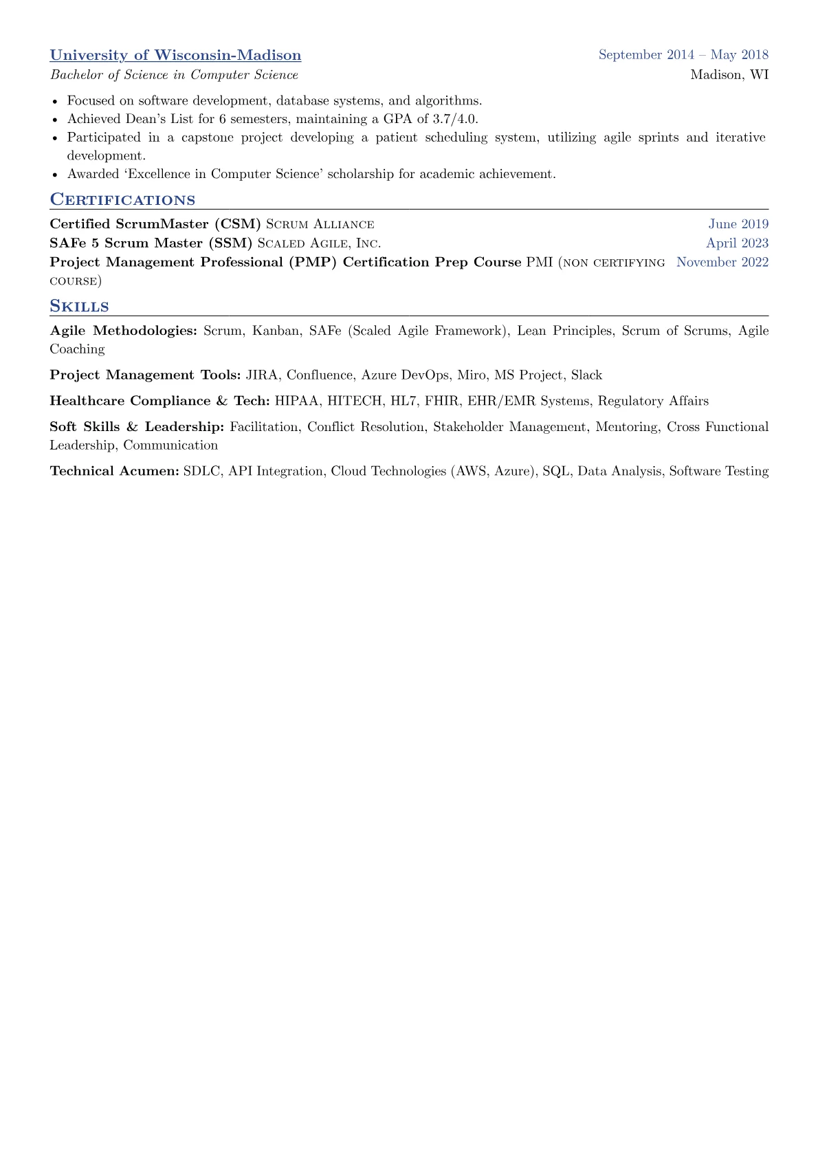 Certified ScrumMaster resume example, Healthcare Tech Focus, page 2