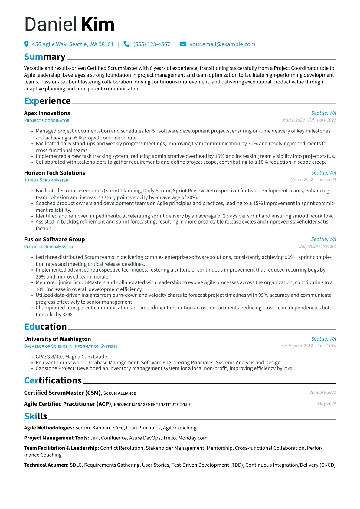 Certified ScrumMaster resume example, Career changer, page 1