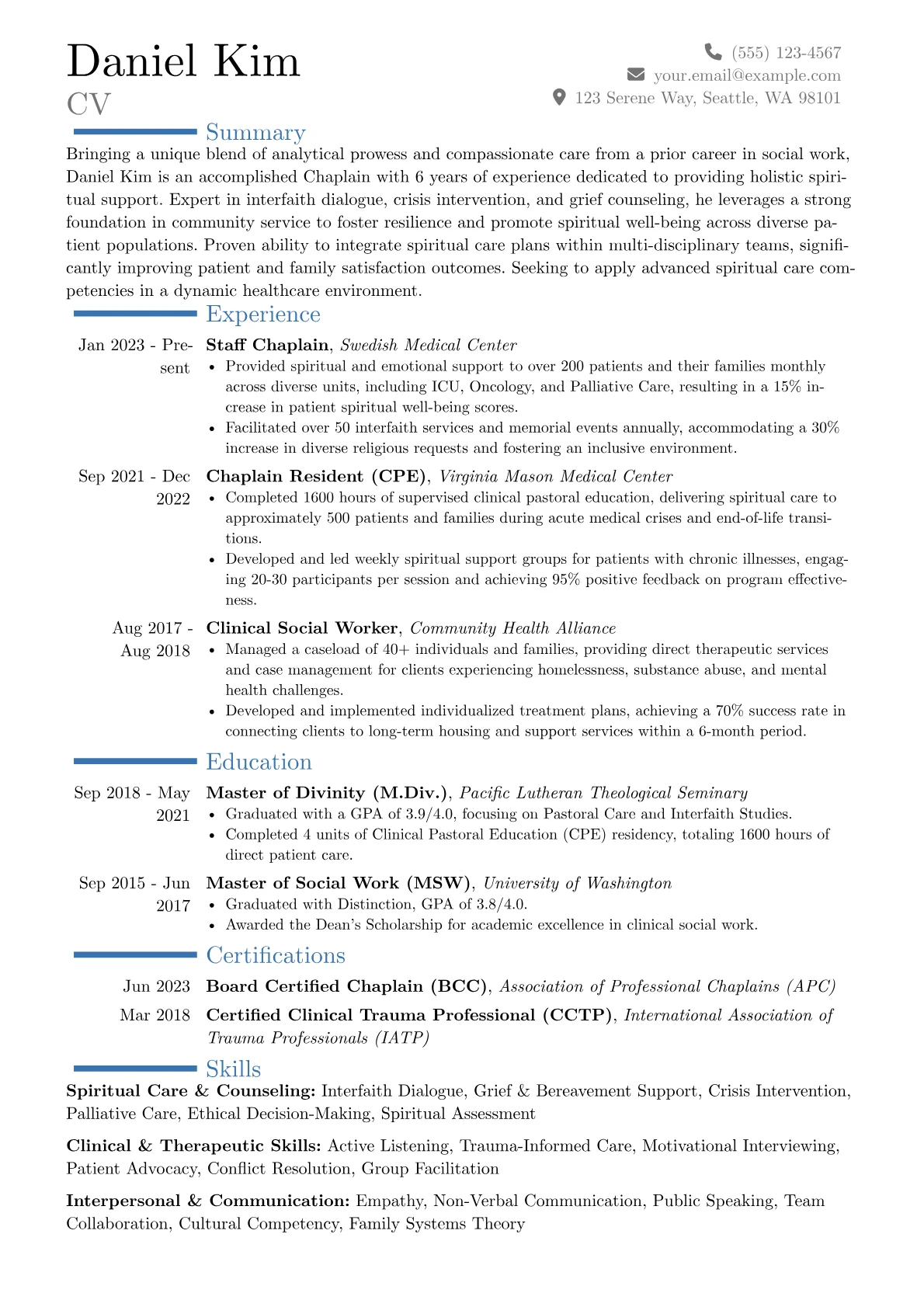 Chaplain resume example, Career changer, page 1