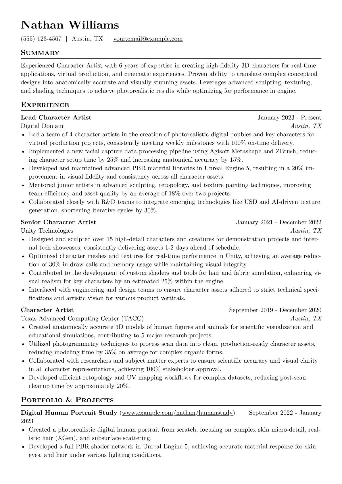 Character Artist resume example, High-Fidelity Real-time, page 1