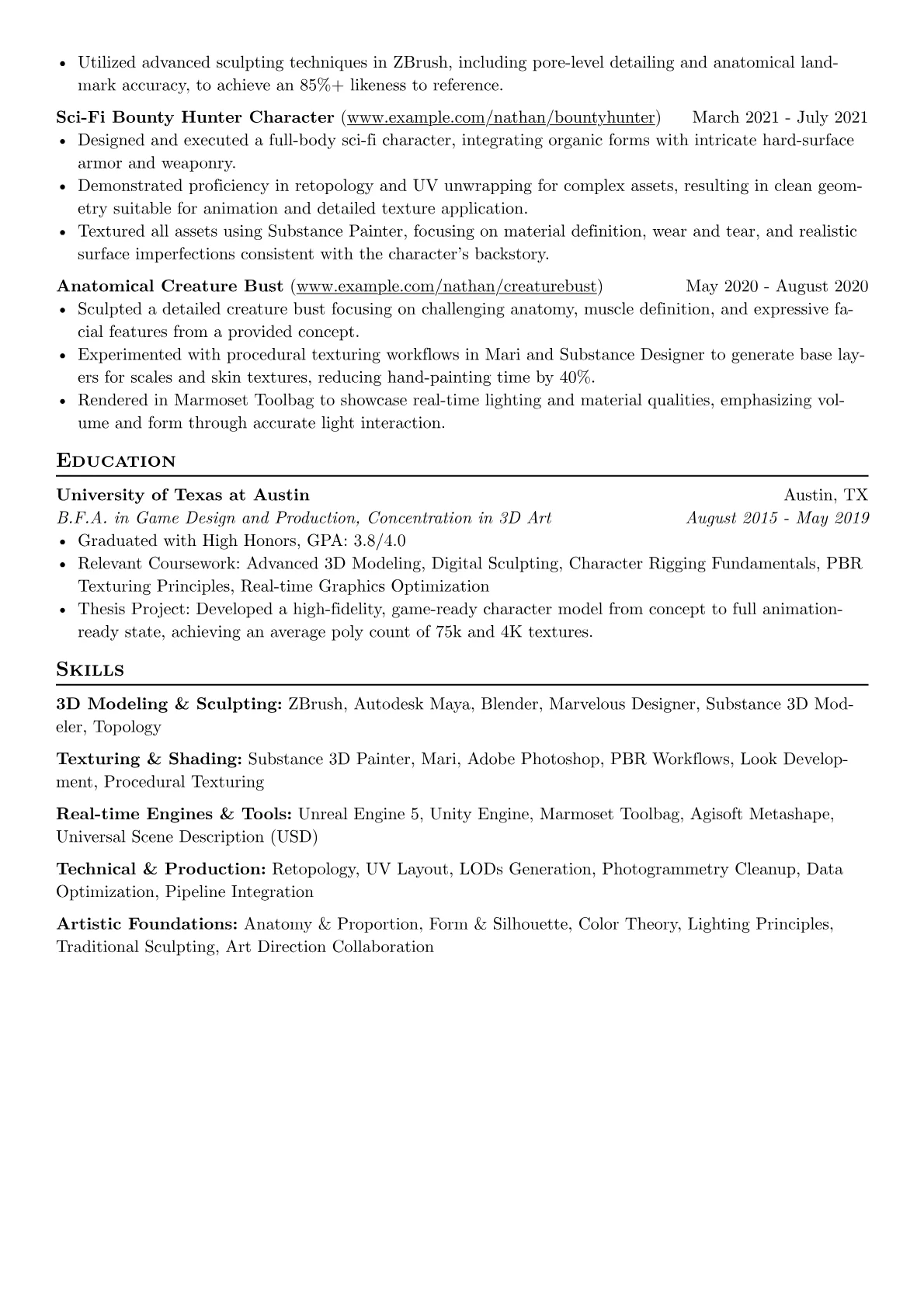 Character Artist resume example, High-Fidelity Real-time, page 2