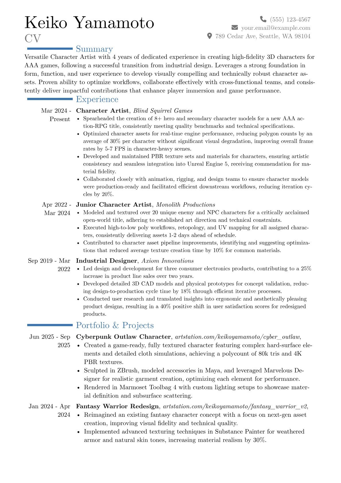 Character Artist resume example, Career changer, page 1