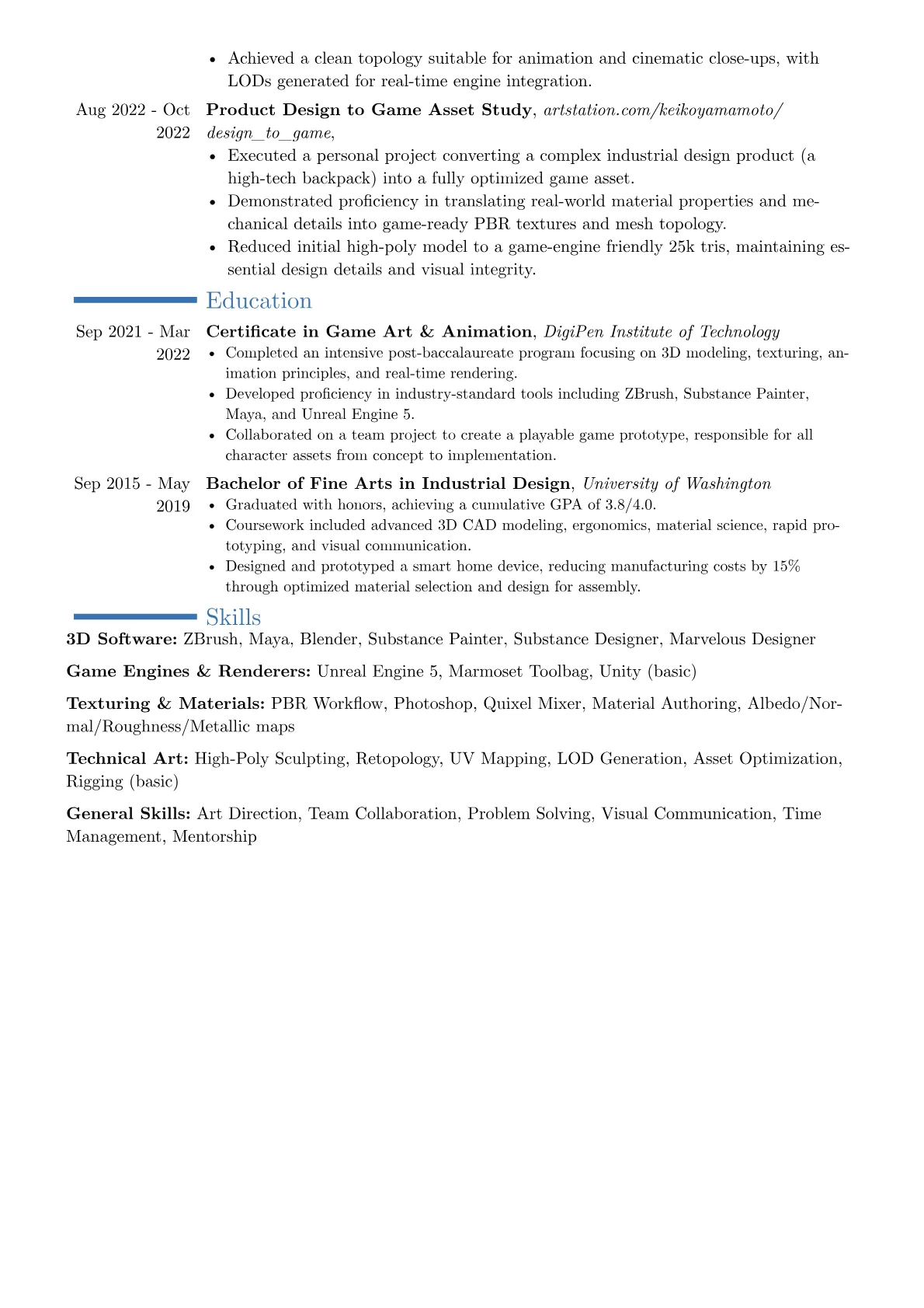 Character Artist resume example, Career changer, page 2