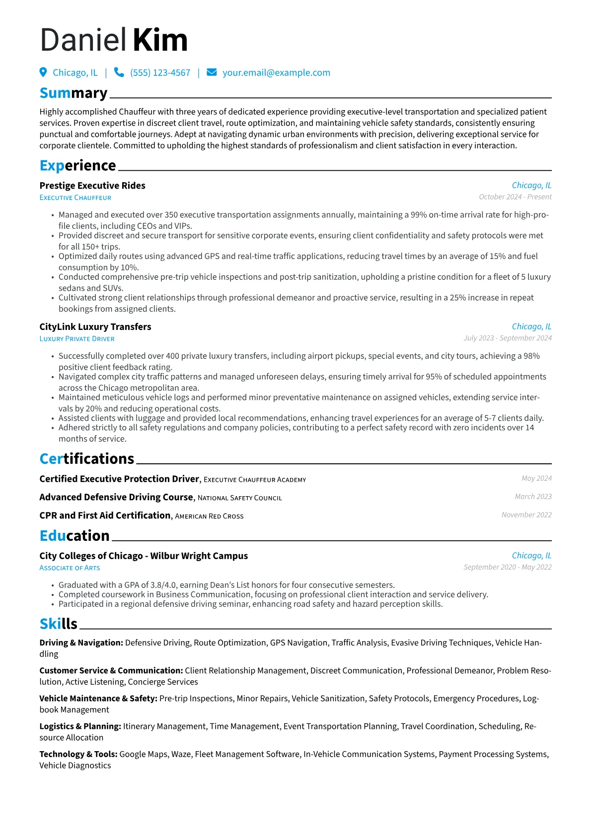 Chauffeur resume example, Chauffeur - Corporate, page 1