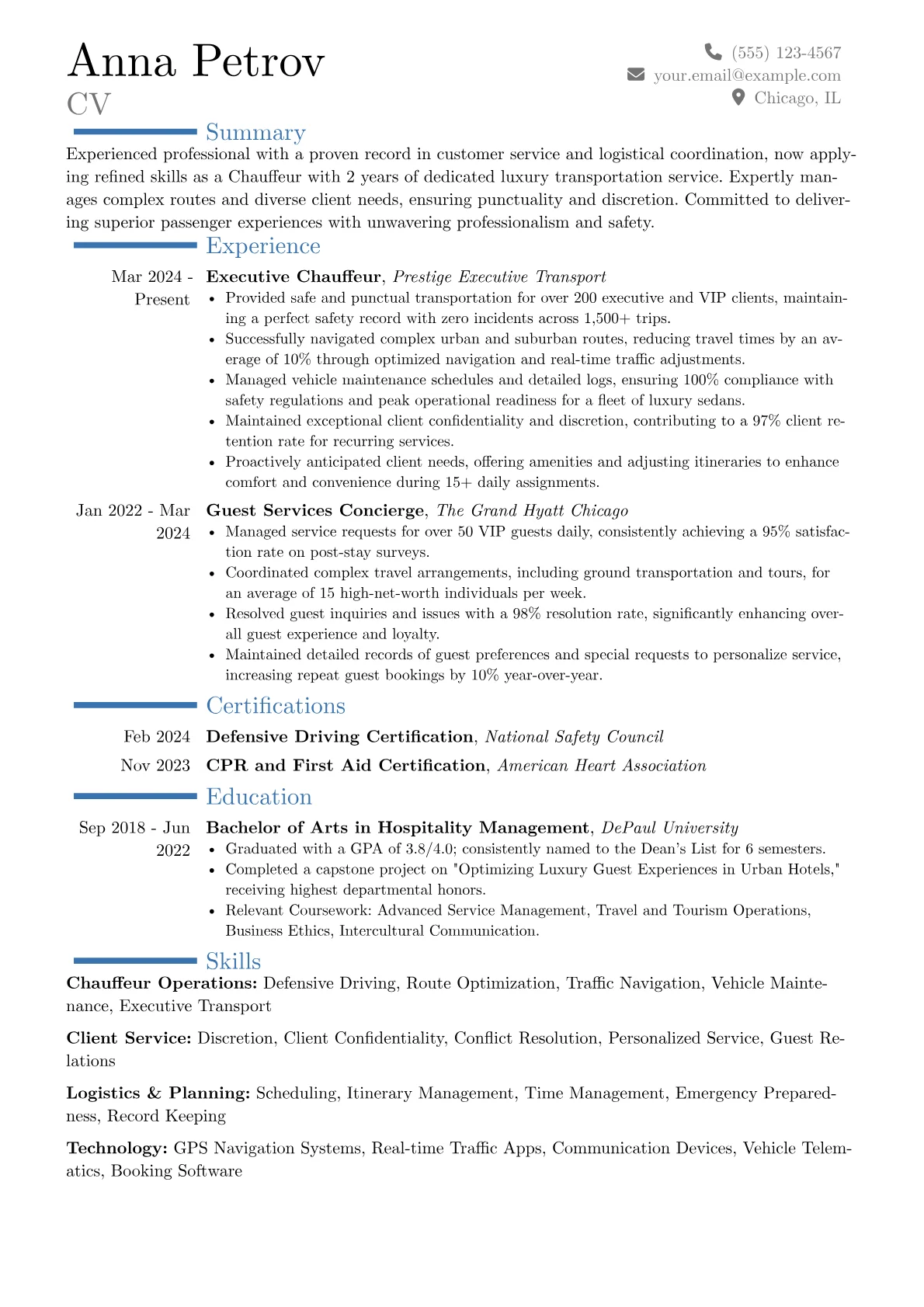Chauffeur resume example, Career changer, page 1