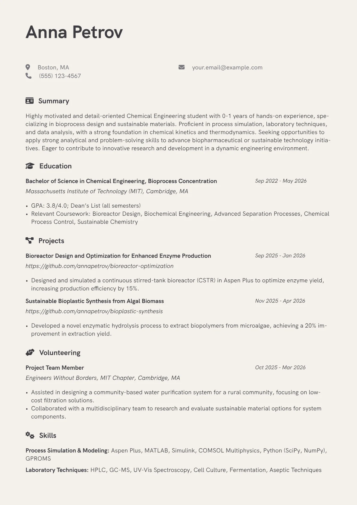Chemical Engineering Student resume example, Chemical Engineering, page 1