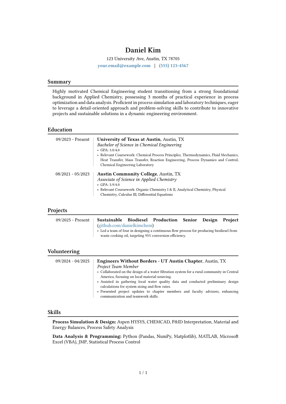 Chemical Engineering Student resume example, Career changer, page 1