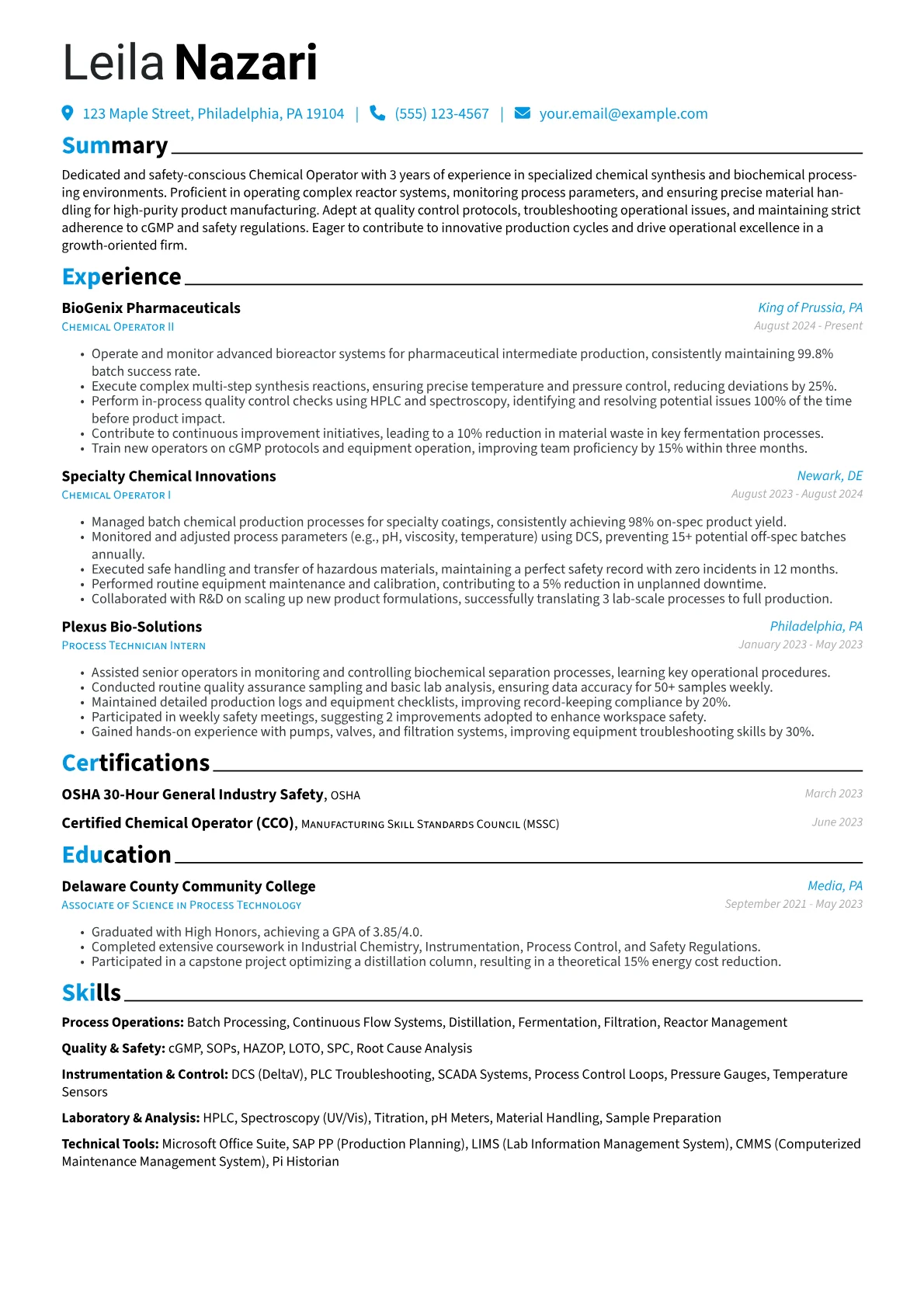 Chemical Operator resume example, Chemical Operator, page 1