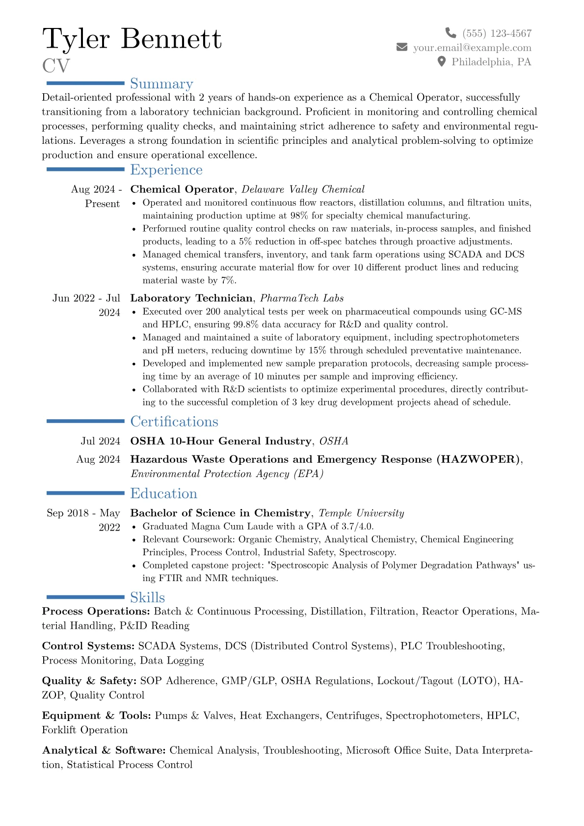 Chemical Operator resume example, Career changer, page 1