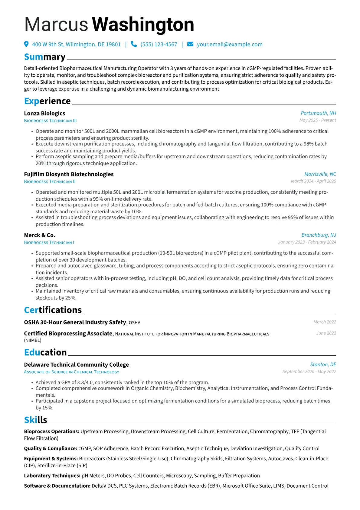 Chemical Plant Operator resume example, Biopharmaceutical Operator, page 1