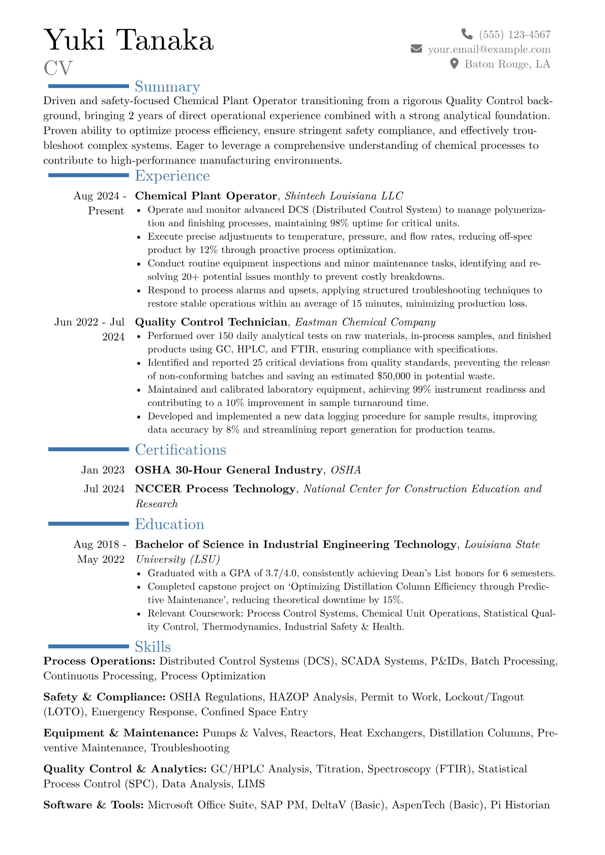 Chemical Plant Operator resume example, Career changer, page 1