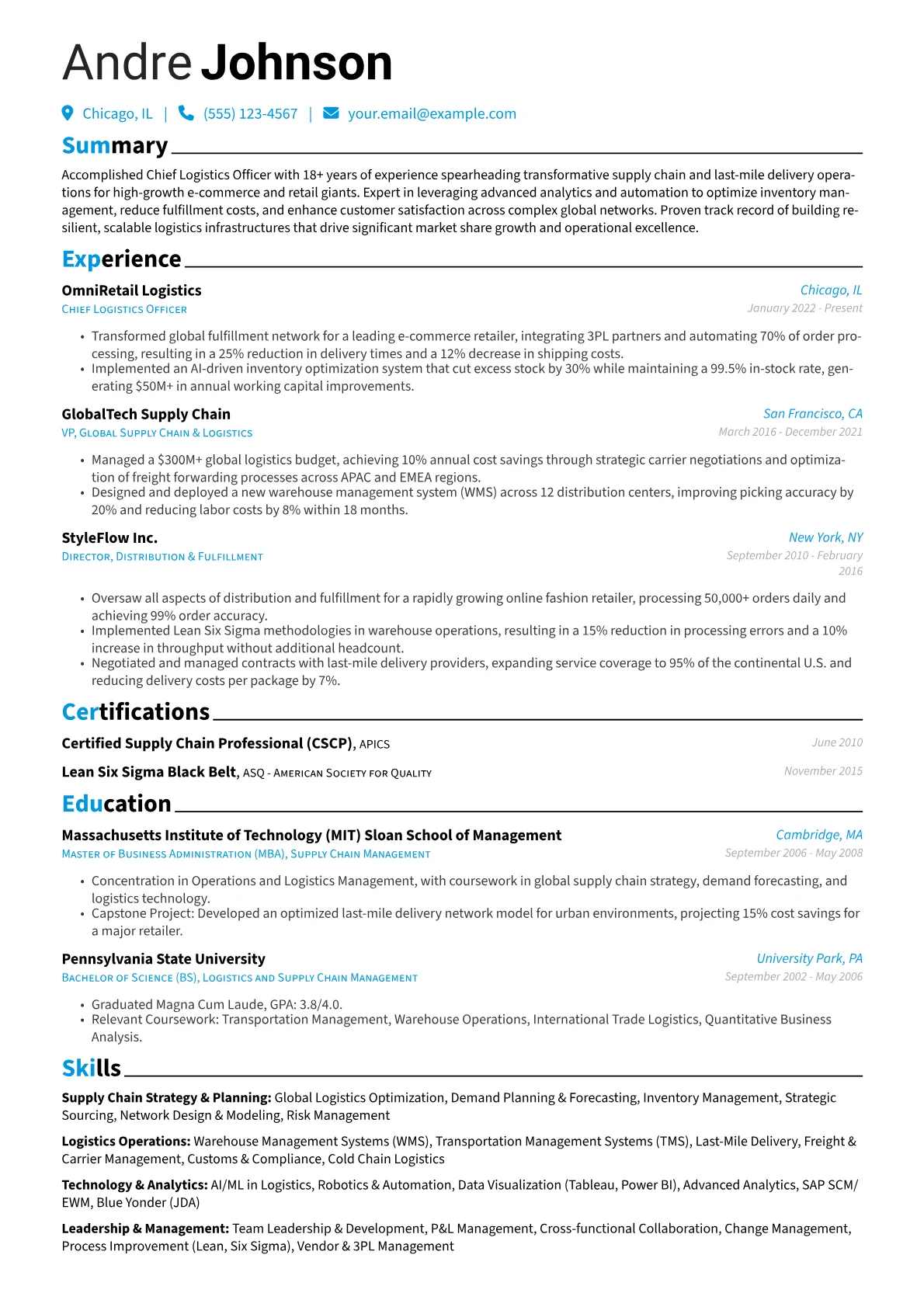 Chief Logistics Officer resume example, Chief Logistics Officer, page 1