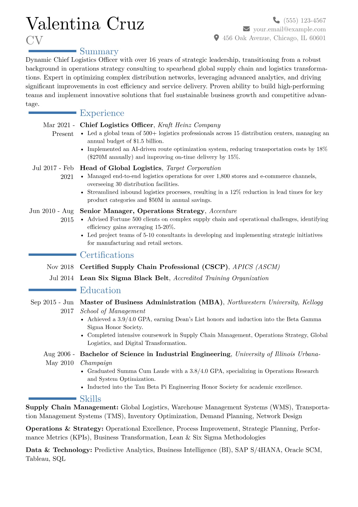 Chief Logistics Officer resume example, Career changer, page 1