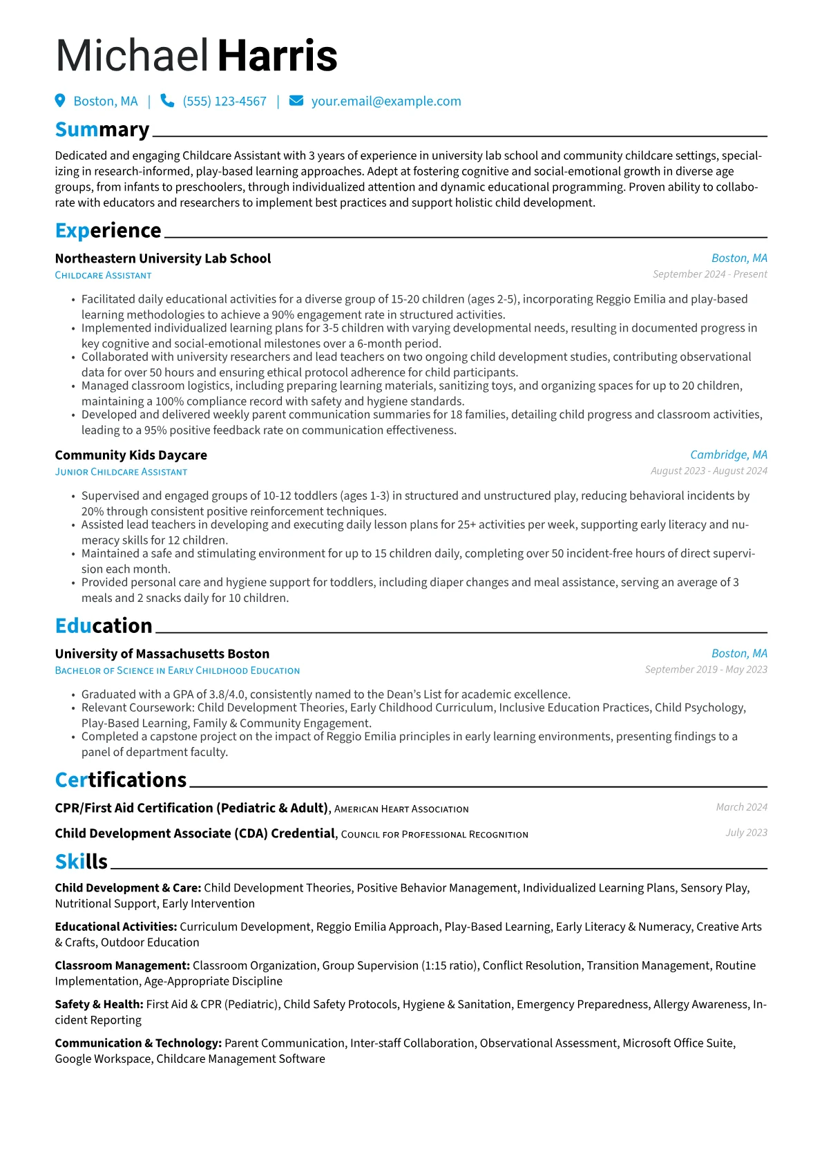 Childcare Assistant resume example, University Lab School, page 1