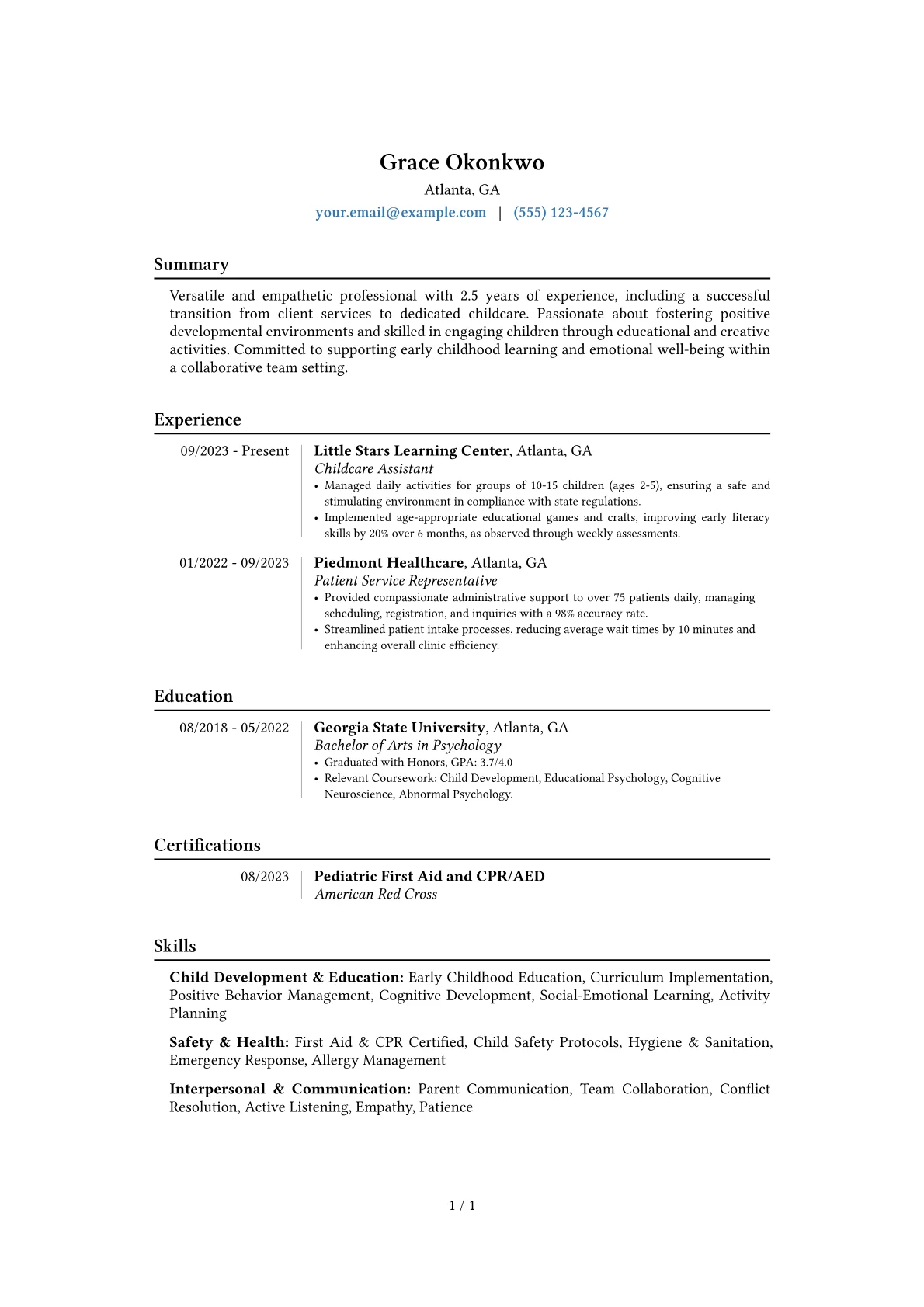 Childcare Assistant resume example, Career changer, page 1