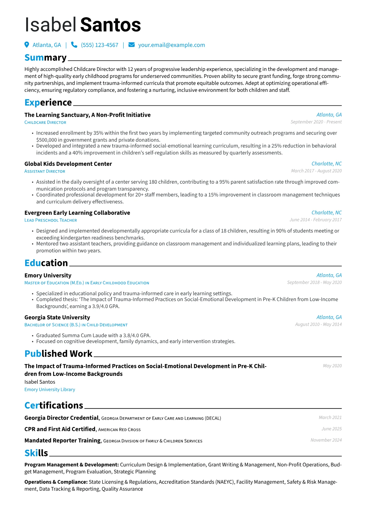 Childcare Director resume example, Program Management, page 1