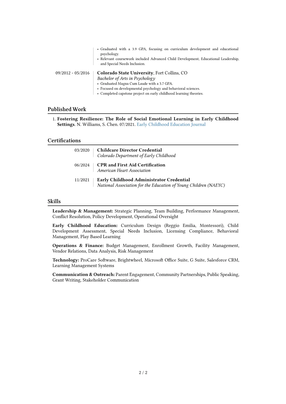Childcare Director resume example, Career changer, page 2