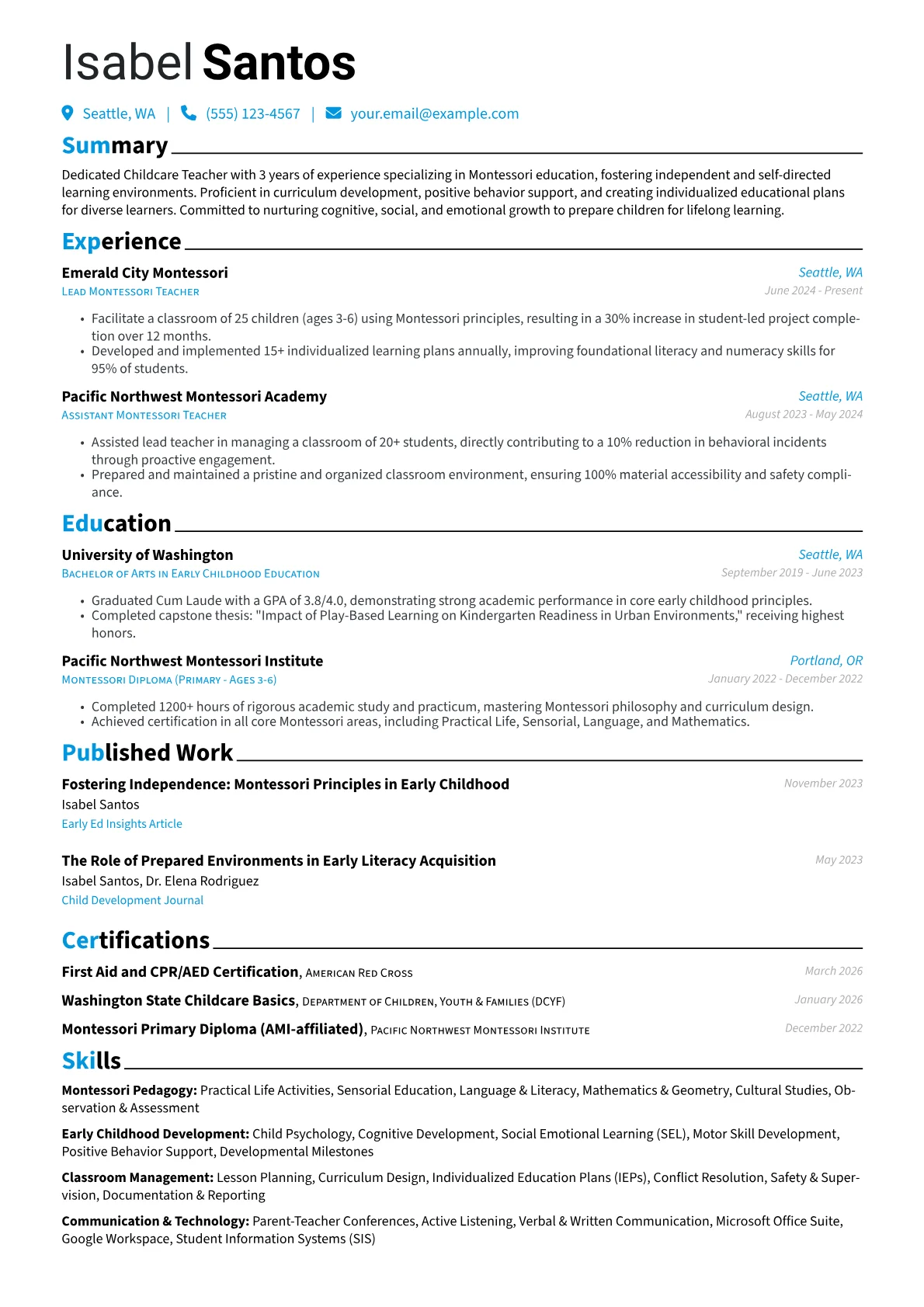 Childcare Teacher resume example, Childcare Teacher, page 1