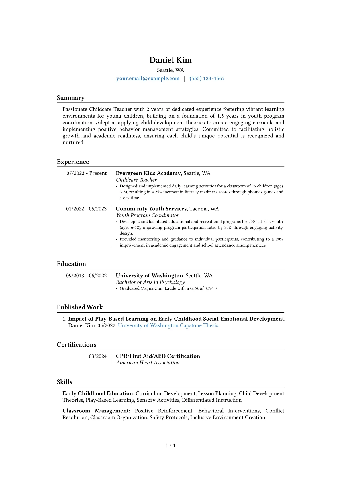 Childcare Teacher resume example, Career changer, page 1
