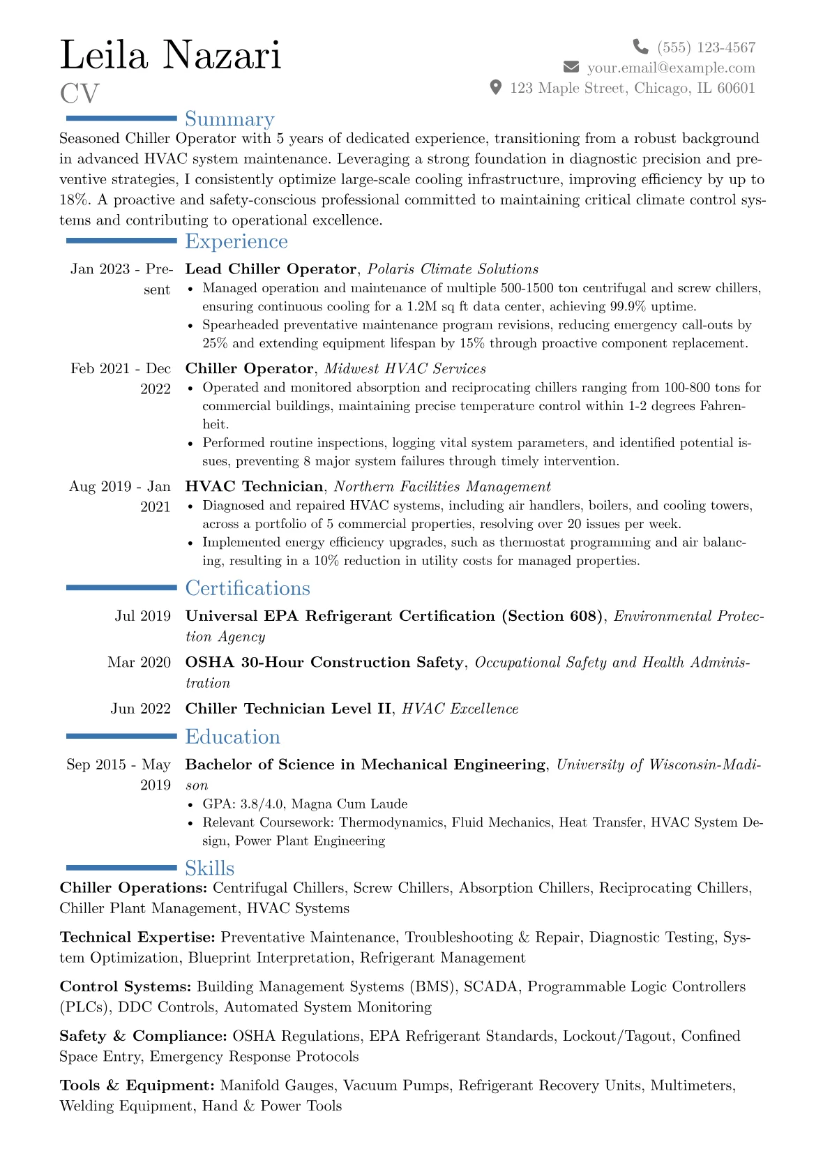 Chiller Operator resume example, Career changer, page 1