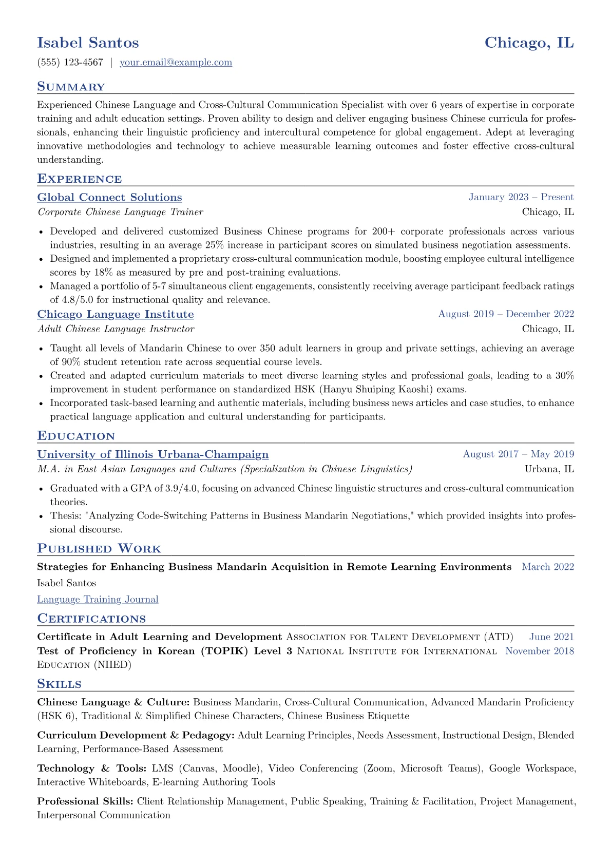 Chinese Teacher resume example, Corporate Chinese Trainer, page 1
