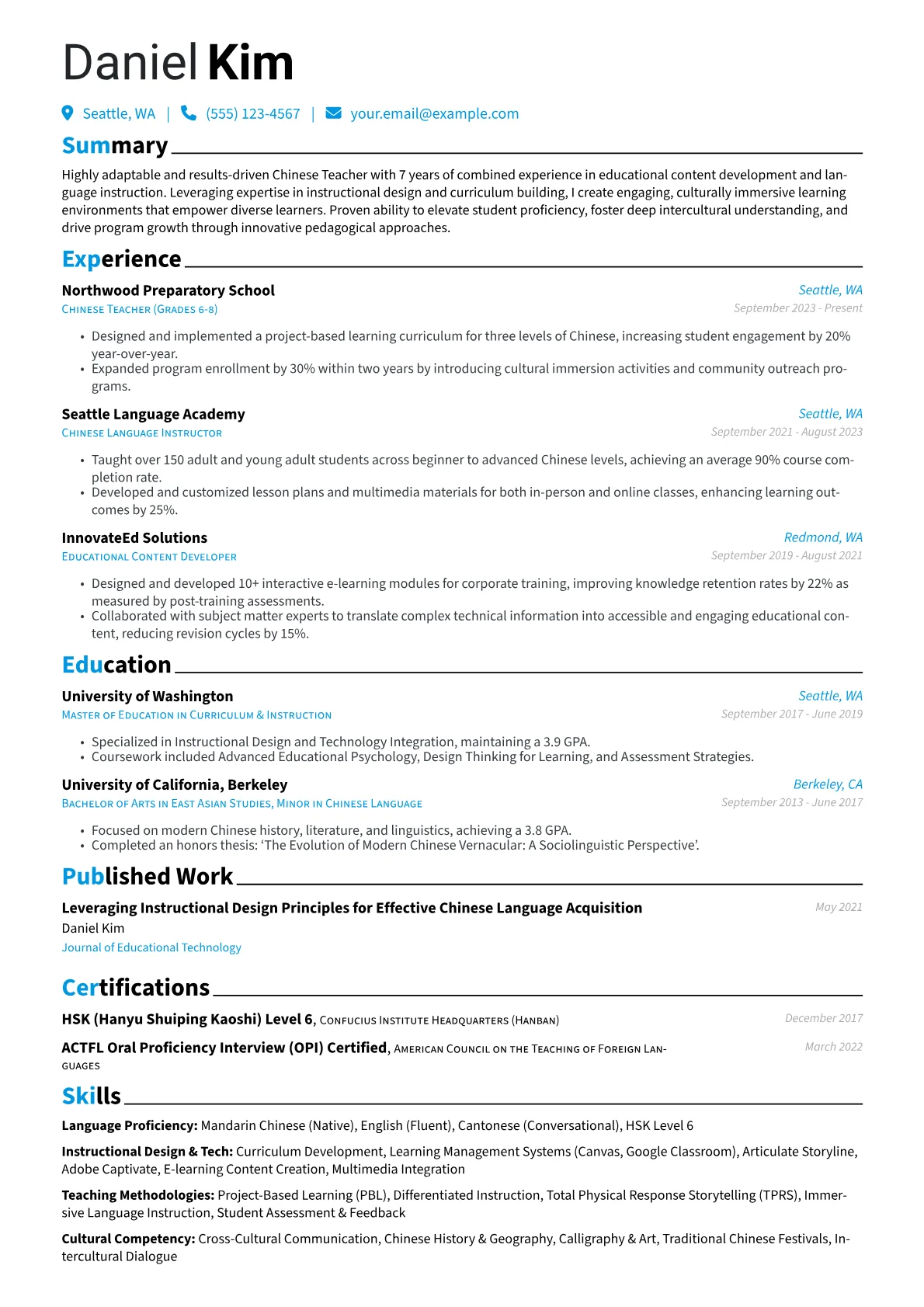 Chinese Teacher resume example, Career changer, page 1