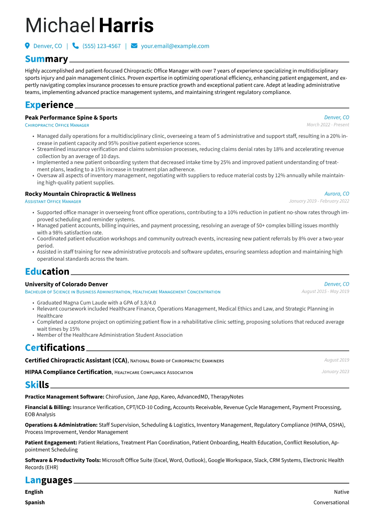 Chiropractic Office Manager resume example, Multidisciplinary Clinic, page 1