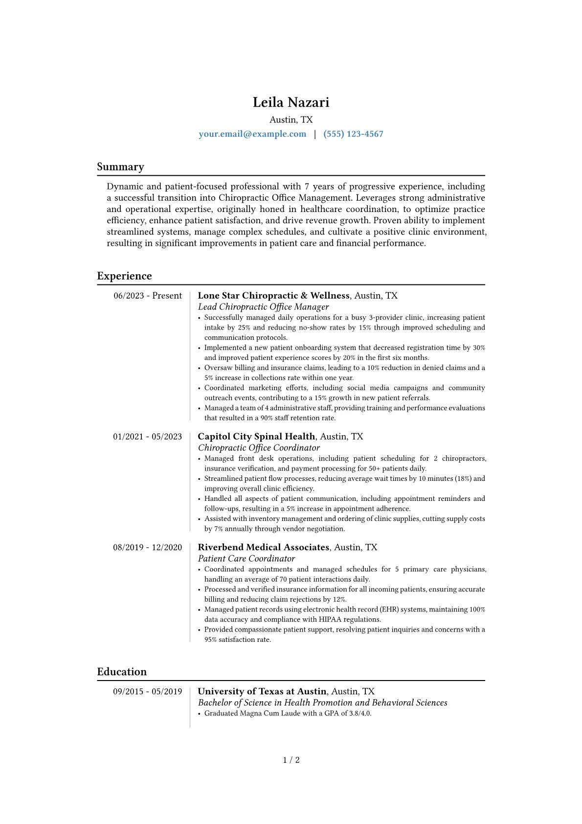 Chiropractic Office Manager resume example, Career changer, page 1
