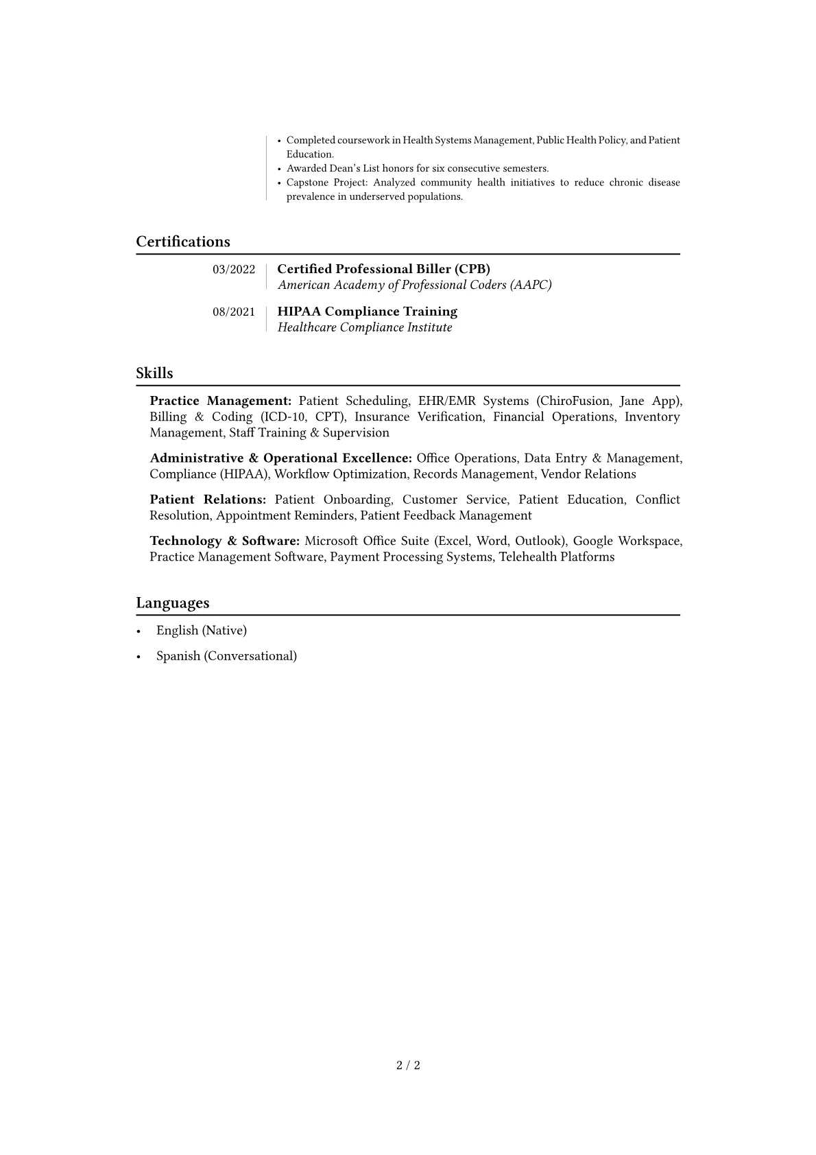 Chiropractic Office Manager resume example, Career changer, page 2
