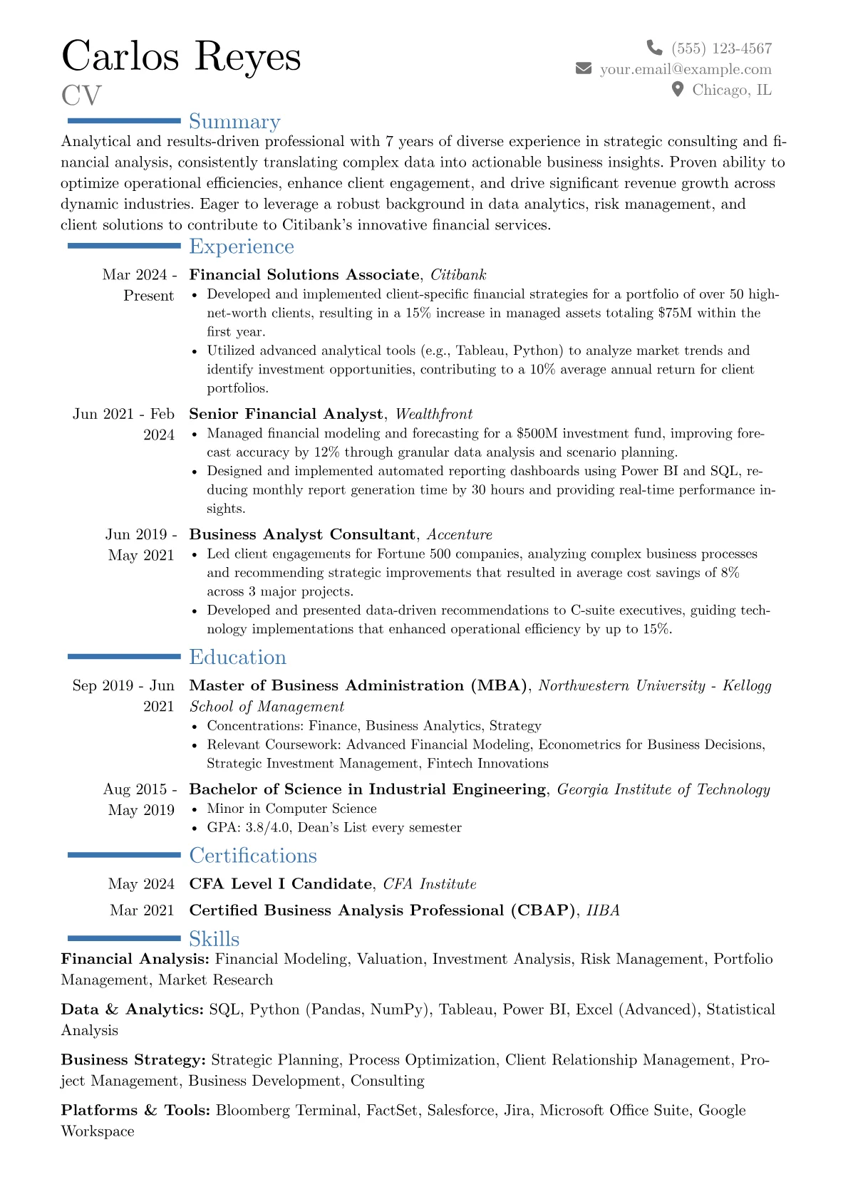 Citibank resume example, Career changer, page 1
