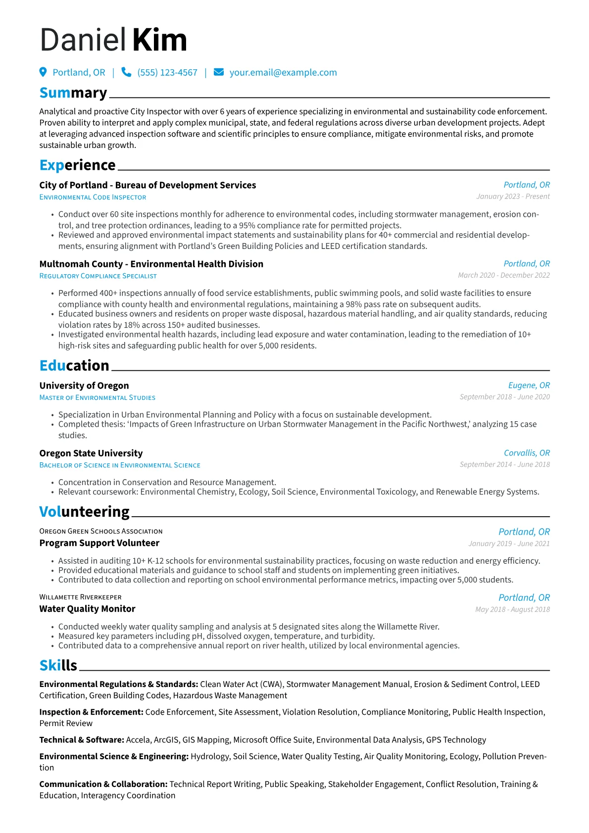City Inspector resume example, Environmental Code, page 1